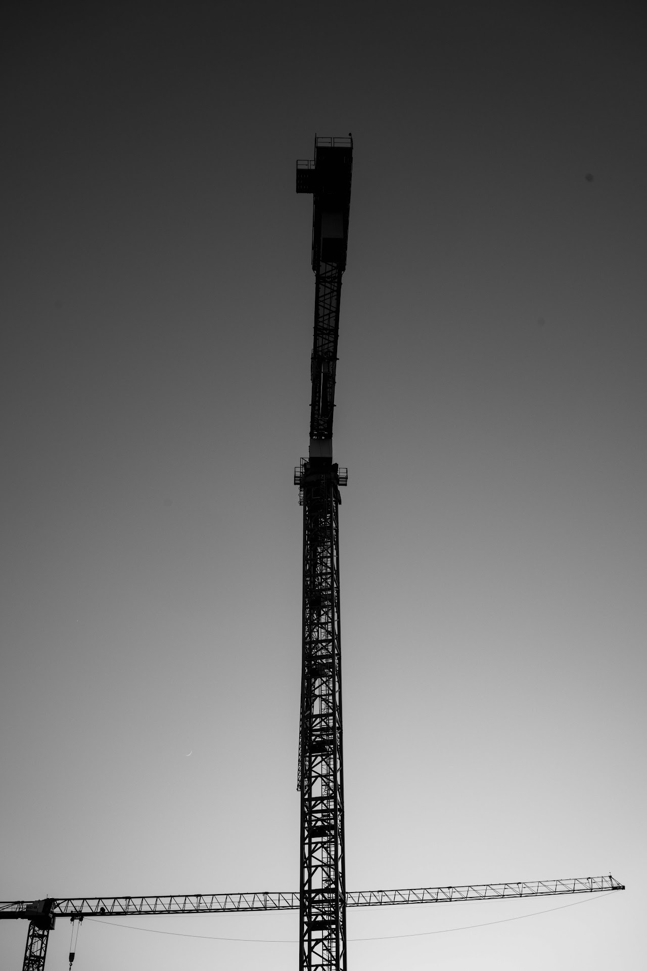 Vertical monochrome crane mast rising against a pale dusk sky