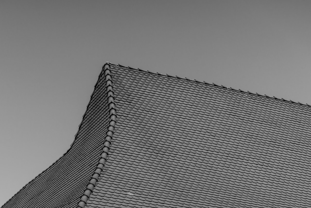 Monochrome curved tiled roofline with repeating ridge detail