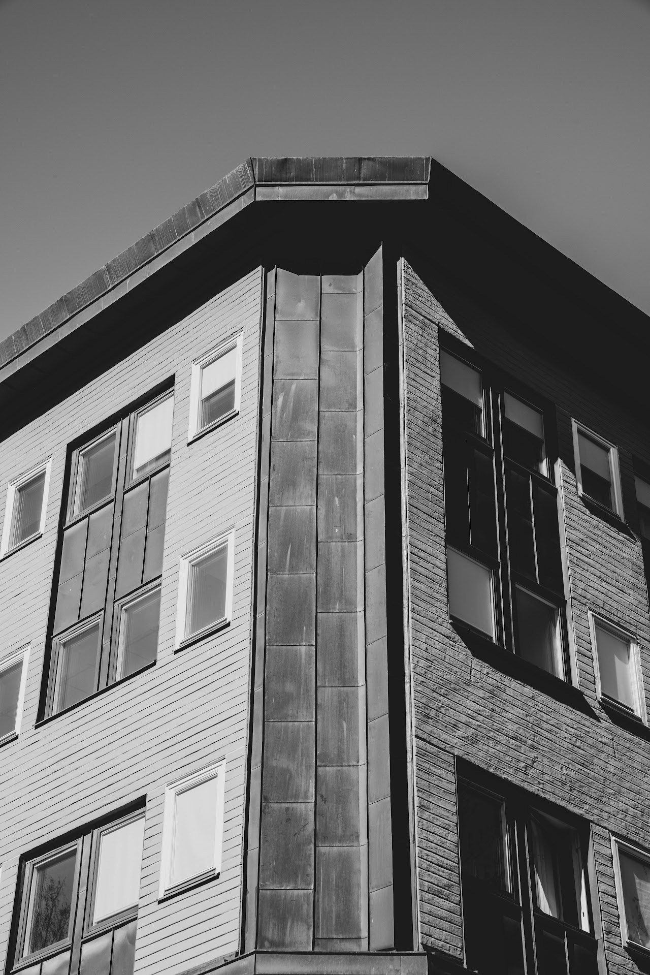 Monochrome upward view of a shadowed corner building